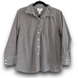 TALBOT'S Black White Gingham Check Wrinkle Resistant Stretch Button Front Top 14